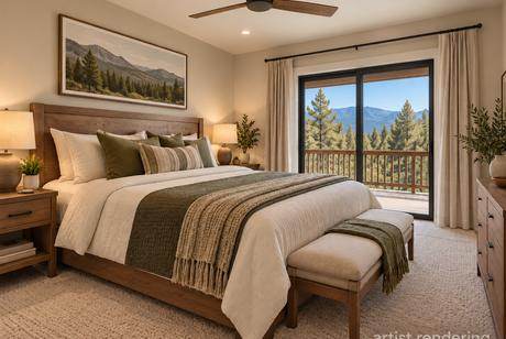 Master bedroom, slider to the rear deck — artist's rendering of The Pine