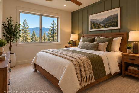 Bedroom 1, sized for a queen — artist's rendering of The Pine