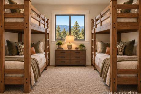 The bunk room, planned for two bunk beds — artist's rendering of The Pine
