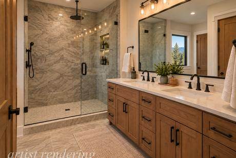 Master bath, tile walk-in shower — artist's rendering of The Pine