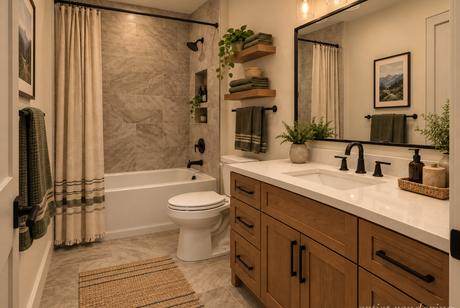 Hall bath, tub and shower with tile surround — artist's rendering of The Pine